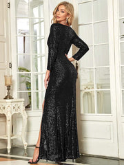 Simple V-Neck Sequin Long Sleeves Mermaid Evening Dress with Slit