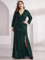 Dreamy Plus Size Deep V-Neck Sequin Formal Evening Gowns with Slit