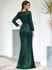Simple V-Neck Sequin Long Sleeves Mermaid Evening Dress with Slit