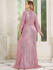 Dreamy Plus Size Deep V-Neck Sequin Formal Evening Gowns with Slit
