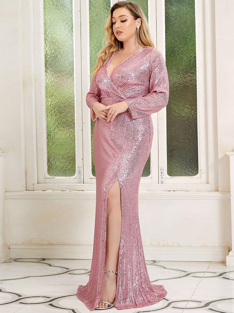 Dreamy Plus Size Deep V-Neck Sequin Formal Evening Gowns with Slit