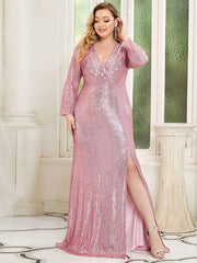 Dreamy Plus Size Deep V-Neck Sequin Formal Evening Gowns with Slit