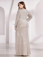 Dreamy Plus Size Deep V-Neck Sequin Formal Evening Gowns with Slit