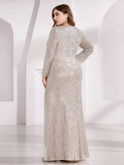 Simple V-Neck Sequin Long Sleeves Mermaid Evening Dress with Slit