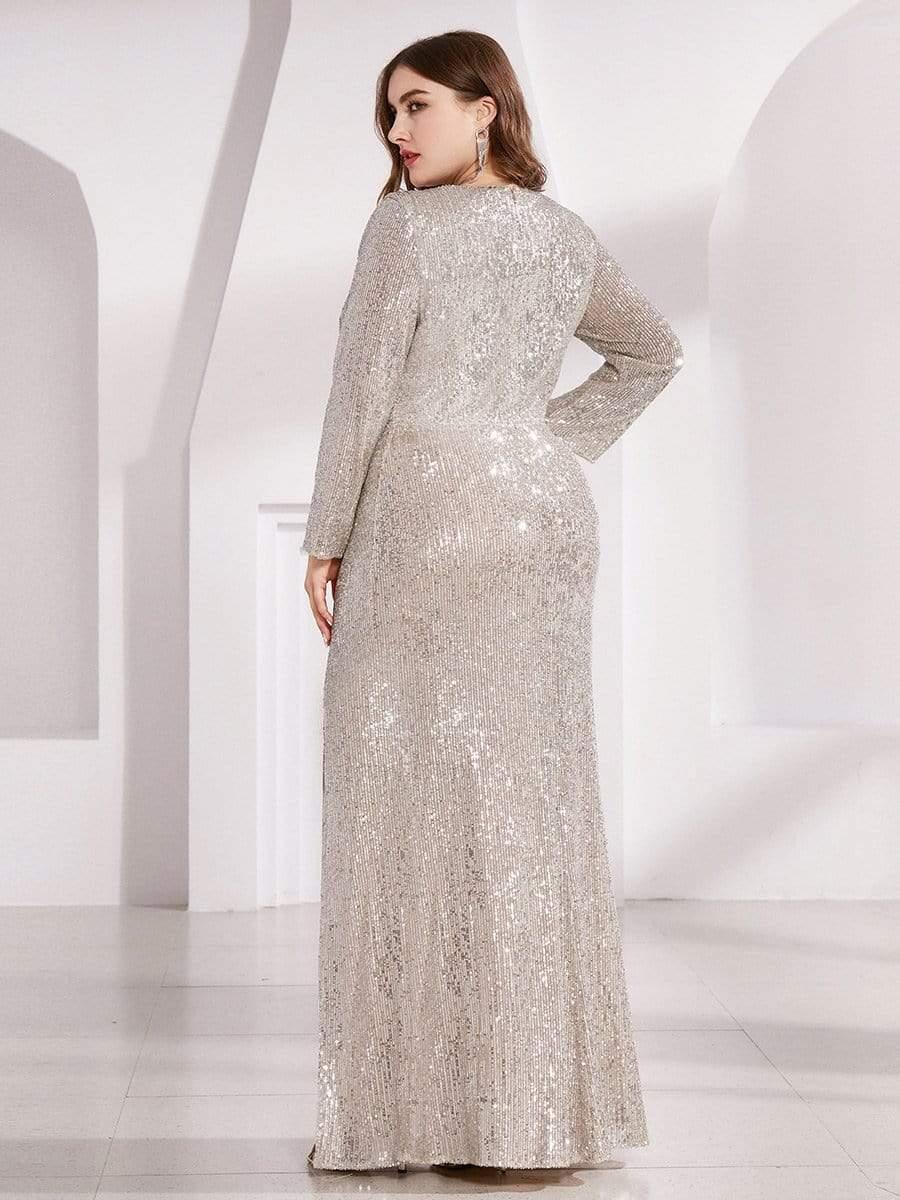 Simple V-Neck Sequin Long Sleeves Mermaid Evening Dress with Slit