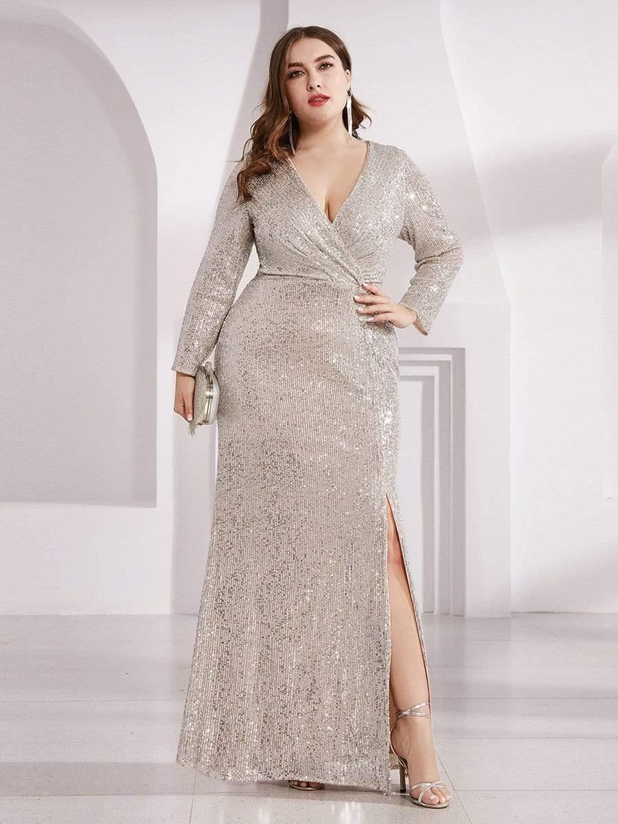 Dreamy Plus Size Deep V-Neck Sequin Formal Evening Gowns with Slit