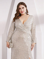 Simple V-Neck Sequin Long Sleeves Mermaid Evening Dress with Slit