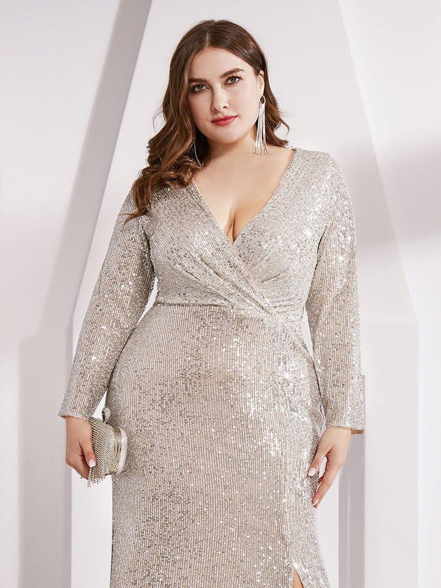 Simple V-Neck Sequin Long Sleeves Mermaid Evening Dress with Slit