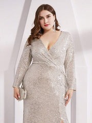 Dreamy Plus Size Deep V-Neck Sequin Formal Evening Gowns with Slit