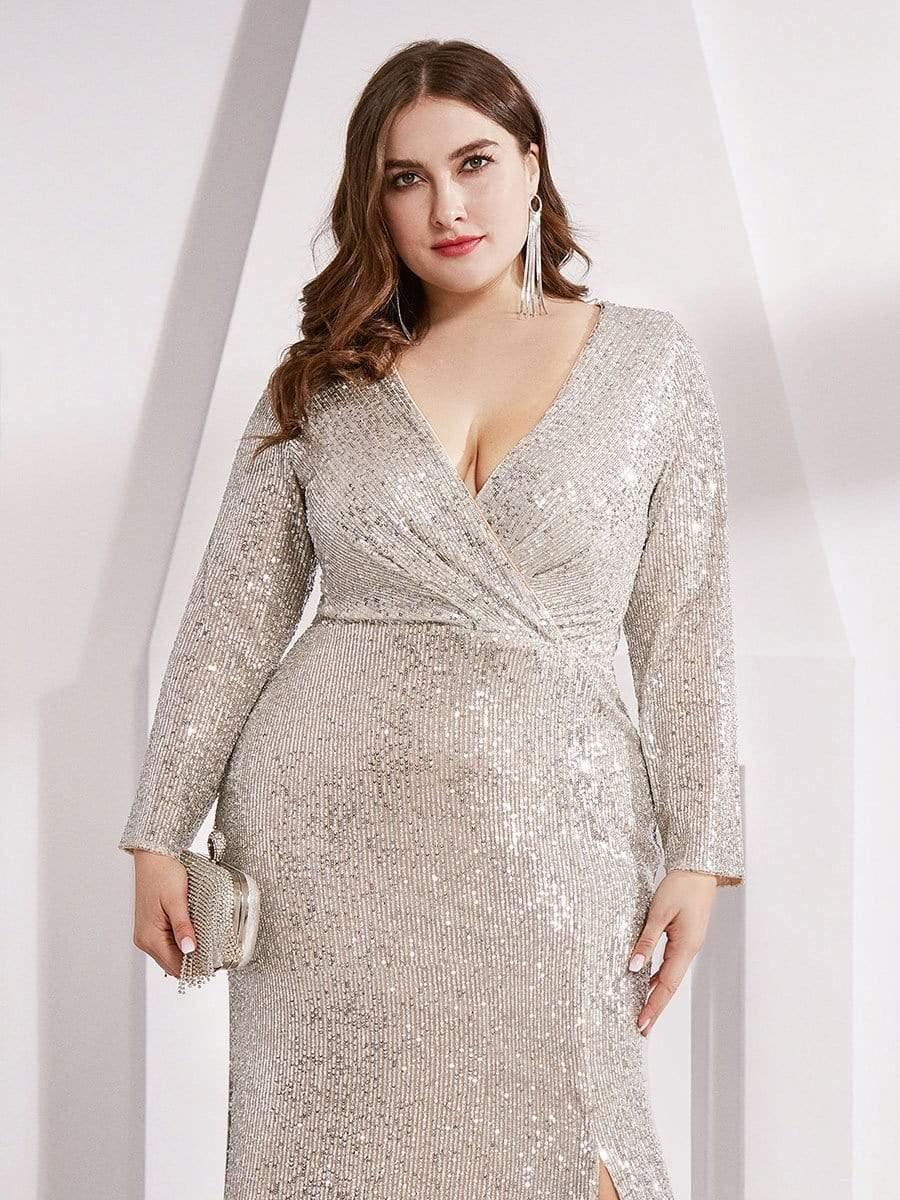 Dreamy Plus Size Deep V-Neck Sequin Formal Evening Gowns with Slit
