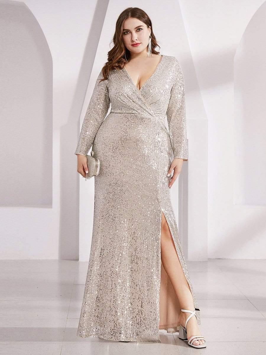 Dreamy Plus Size Deep V-Neck Sequin Formal Evening Gowns with Slit