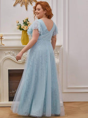 Sophisticated Plus Size A-Line V-Neck Lace Formal Dresses with Cap Sleeves