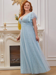 Sophisticated Plus Size A-Line V-Neck Lace Formal Dresses with Cap Sleeves