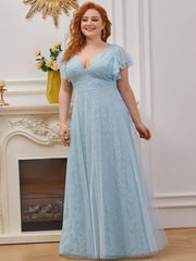 Sophisticated Plus Size A-Line V-Neck Lace Formal Dresses with Cap Sleeves
