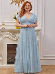 Sophisticated Plus Size A-Line V-Neck Lace Formal Dresses with Cap Sleeves