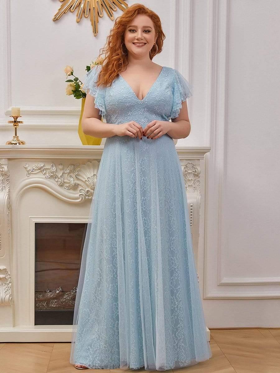 Sophisticated Plus Size A-Line V-Neck Lace Formal Dresses with Cap Sleeves