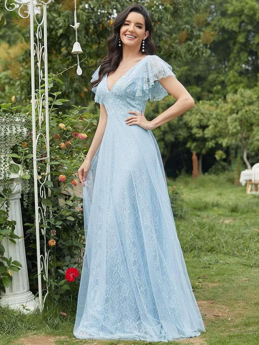 Stunning A-Line V-Neck Lace Tulle Evening Dress with Ruffle Sleeves