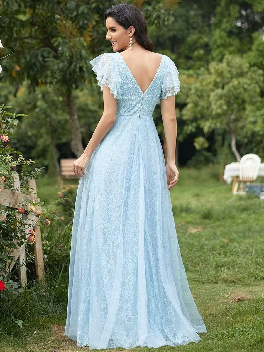 Stunning A-Line V-Neck Lace Tulle Evening Dress with Ruffle Sleeves