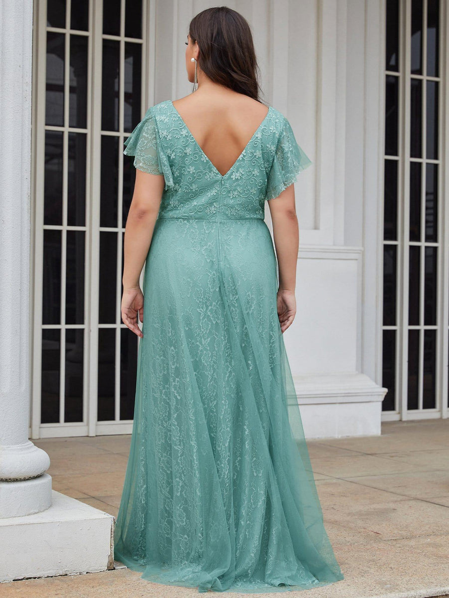 Sophisticated Plus Size A-Line V-Neck Lace Formal Dresses with Cap Sleeves