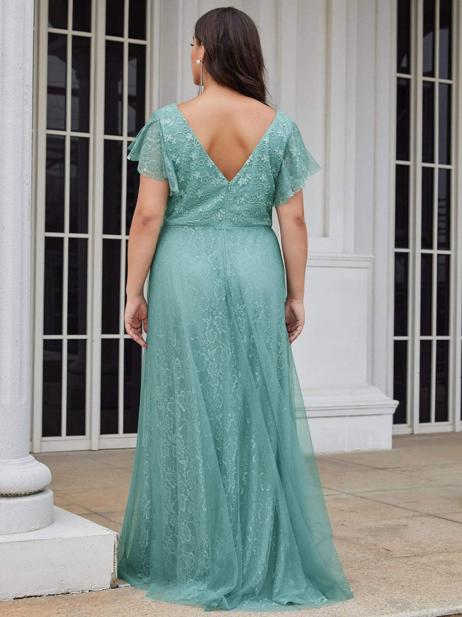 Stunning A-Line V-Neck Lace Tulle Evening Dress with Ruffle Sleeves