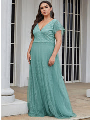 Sophisticated Plus Size A-Line V-Neck Lace Formal Dresses with Cap Sleeves