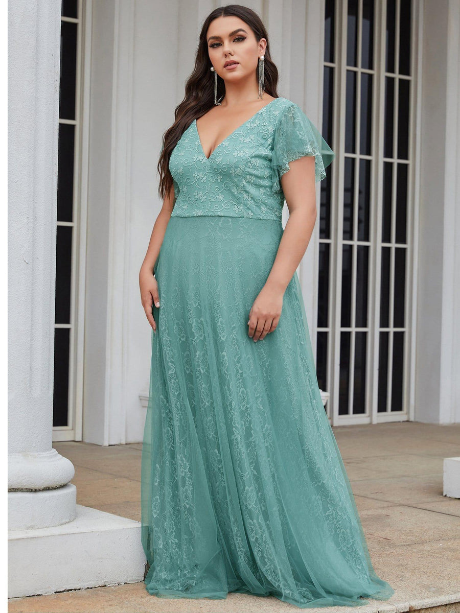 Sophisticated Plus Size A-Line V-Neck Lace Formal Dresses with Cap Sleeves