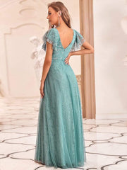 Stunning A-Line V-Neck Lace Tulle Evening Dress with Ruffle Sleeves