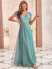 Stunning A-Line V-Neck Lace Tulle Evening Dress with Ruffle Sleeves