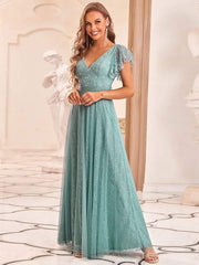 Stunning A-Line V-Neck Lace Tulle Evening Dress with Ruffle Sleeves