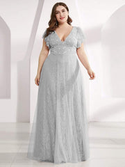 Sophisticated Plus Size A-Line V-Neck Lace Formal Dresses with Cap Sleeves