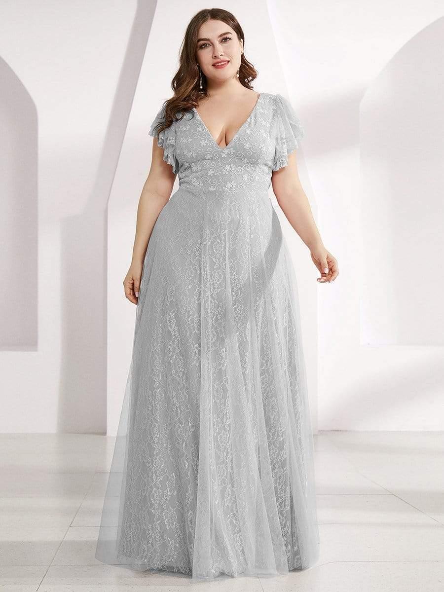 Sophisticated Plus Size A-Line V-Neck Lace Formal Dresses with Cap Sleeves
