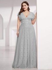 Sophisticated Plus Size A-Line V-Neck Lace Formal Dresses with Cap Sleeves