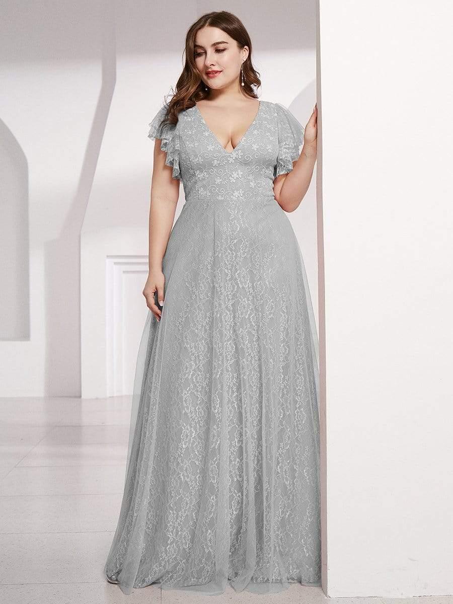 Sophisticated Plus Size A-Line V-Neck Lace Formal Dresses with Cap Sleeves