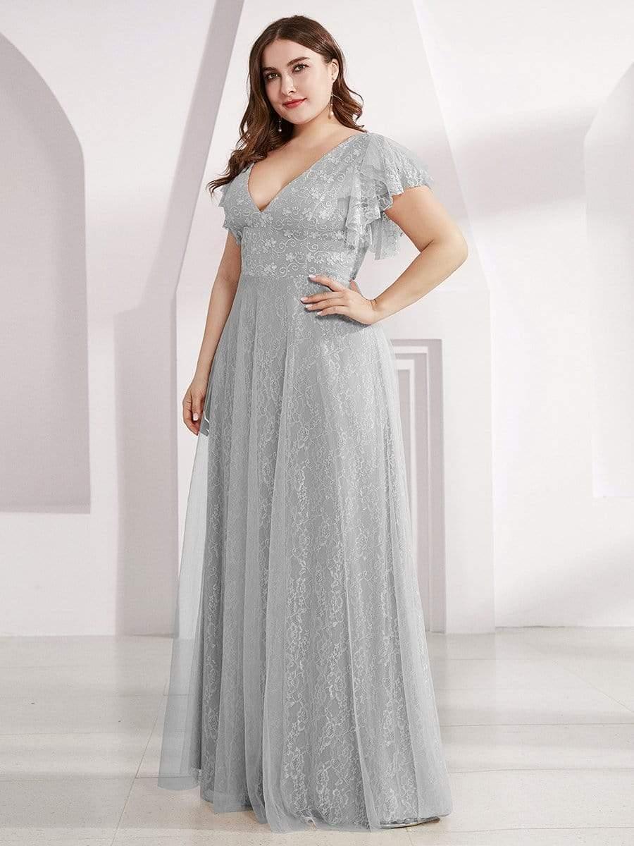 Sophisticated Plus Size A-Line V-Neck Lace Formal Dresses with Cap Sleeves