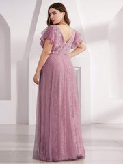 Sophisticated Plus Size A-Line V-Neck Lace Formal Dresses with Cap Sleeves