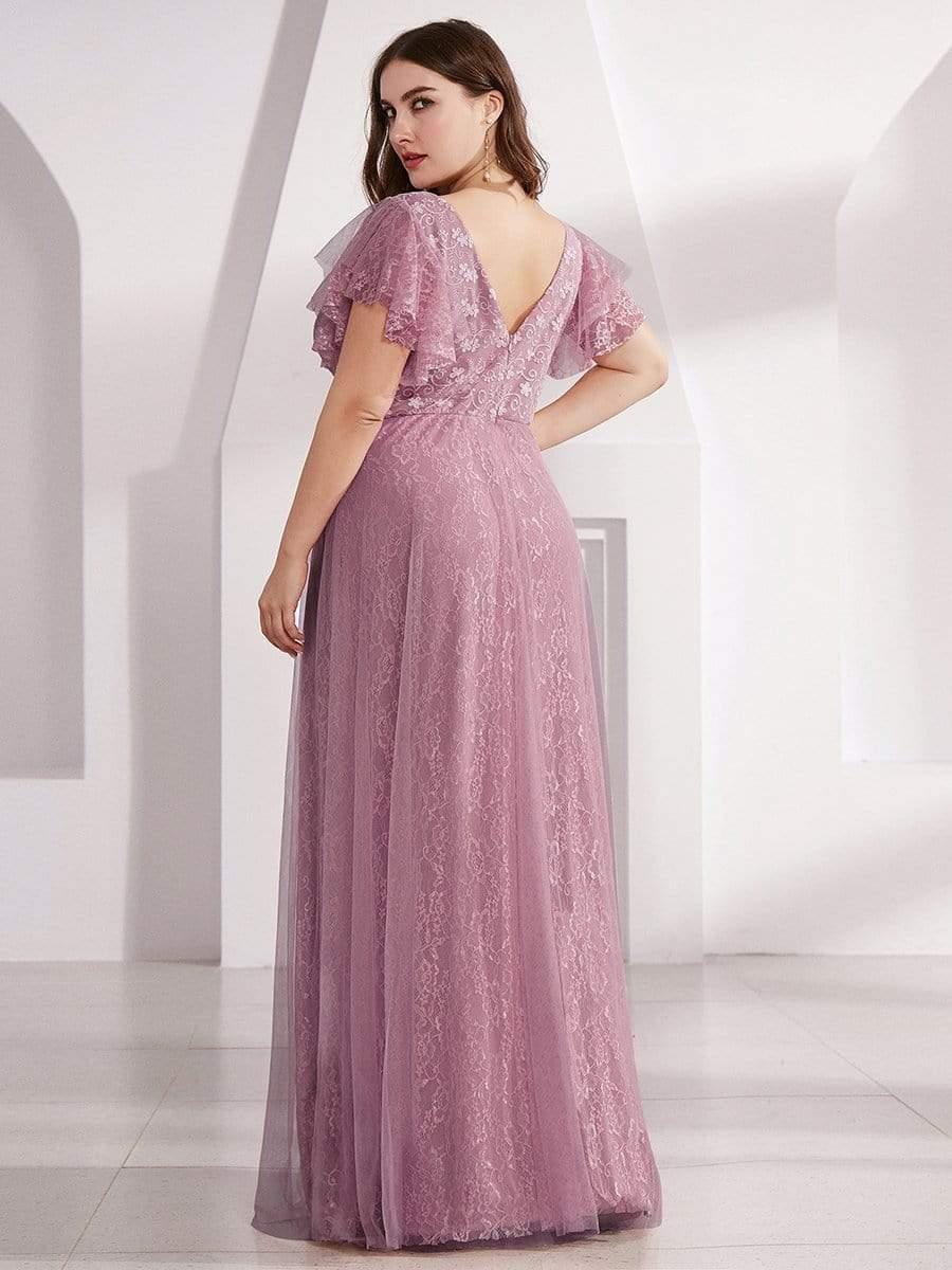Sophisticated Plus Size A-Line V-Neck Lace Formal Dresses with Cap Sleeves