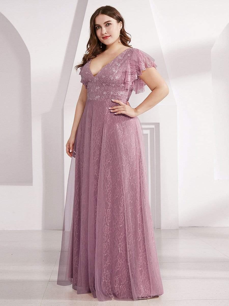 Stunning A-Line V-Neck Lace Tulle Evening Dress with Ruffle Sleeves