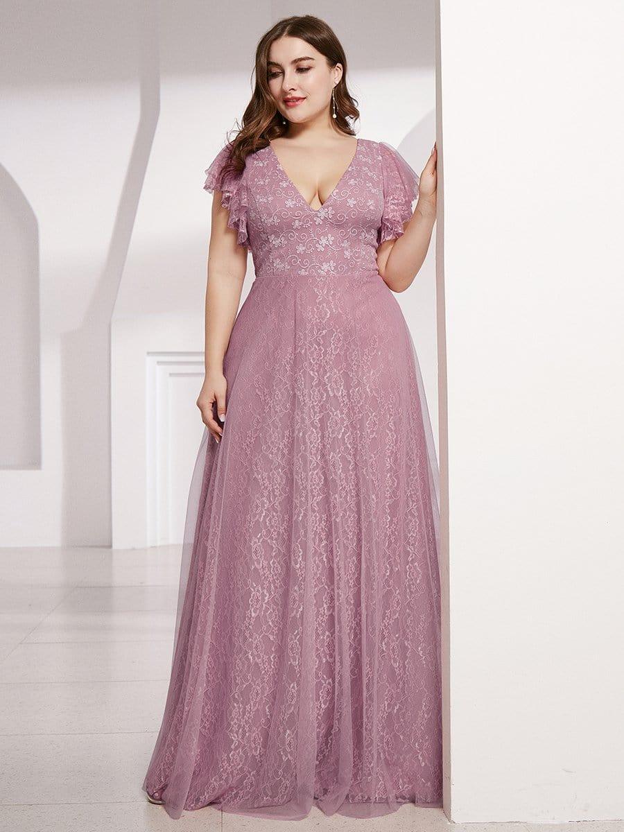Sophisticated Plus Size A-Line V-Neck Lace Formal Dresses with Cap Sleeves