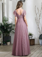 Stunning A-Line V-Neck Lace Tulle Evening Dress with Ruffle Sleeves