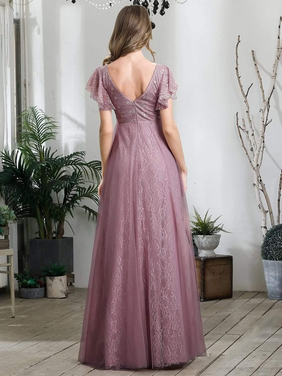 Stunning A-Line V-Neck Lace Tulle Evening Dress with Ruffle Sleeves