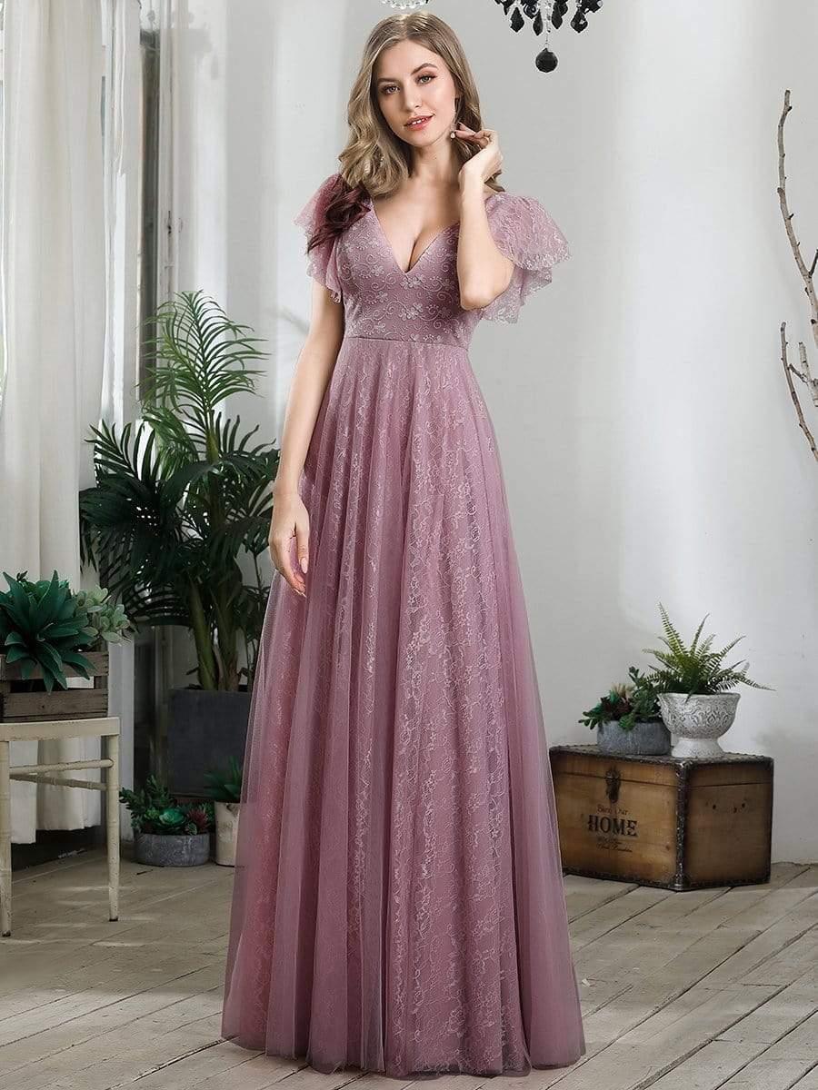 Stunning A-Line V-Neck Lace Tulle Evening Dress with Ruffle Sleeves