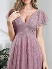 Stunning A-Line V-Neck Lace Tulle Evening Dress with Ruffle Sleeves
