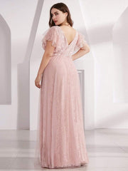 Sophisticated Plus Size A-Line V-Neck Lace Formal Dresses with Cap Sleeves