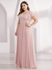 Sophisticated Plus Size A-Line V-Neck Lace Formal Dresses with Cap Sleeves