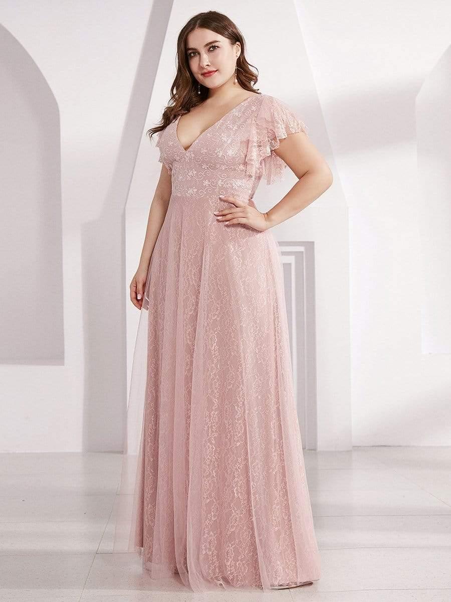 Sophisticated Plus Size A-Line V-Neck Lace Formal Dresses with Cap Sleeves