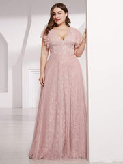 Sophisticated Plus Size A-Line V-Neck Lace Formal Dresses with Cap Sleeves