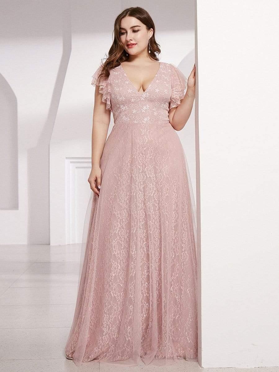 Sophisticated Plus Size A-Line V-Neck Lace Formal Dresses with Cap Sleeves