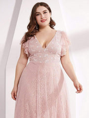 Sophisticated Plus Size A-Line V-Neck Lace Formal Dresses with Cap Sleeves