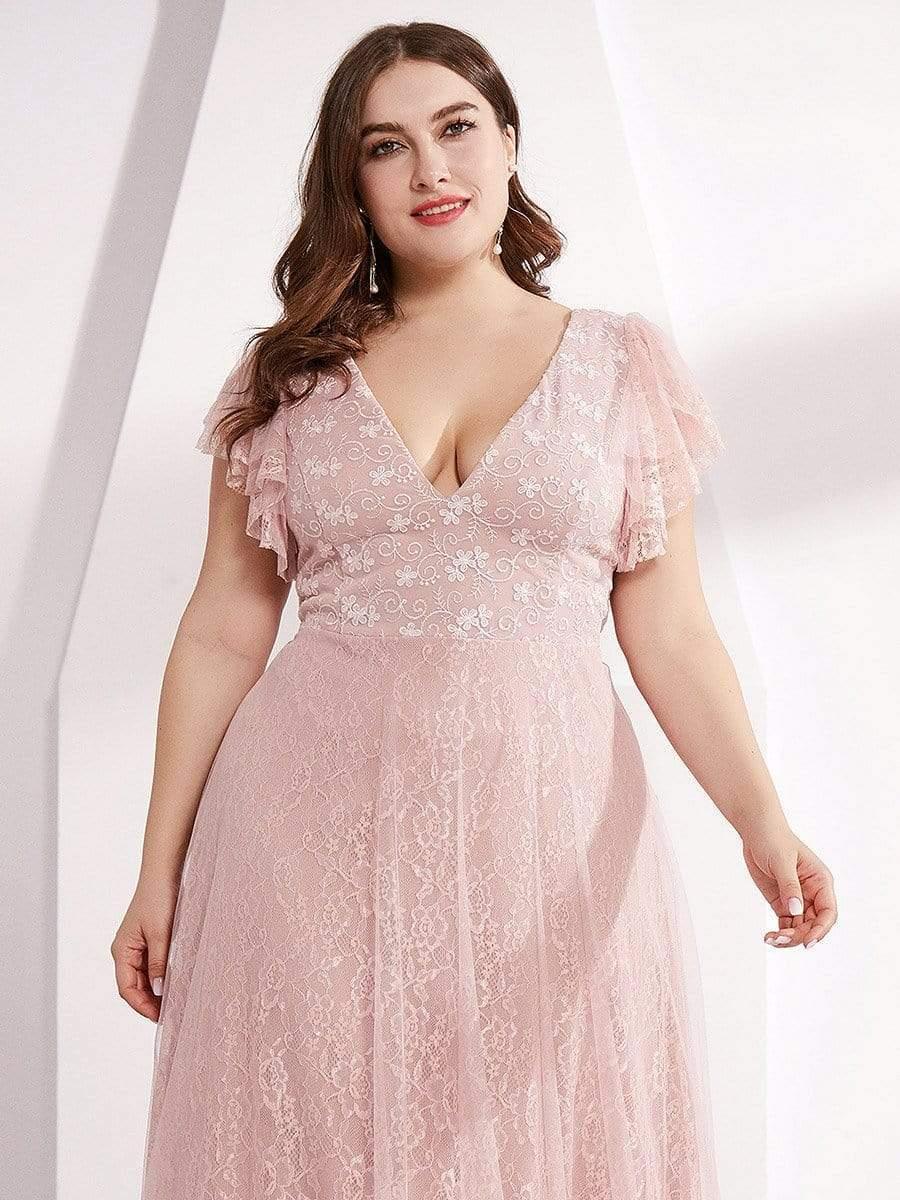 Sophisticated Plus Size A-Line V-Neck Lace Formal Dresses with Cap Sleeves