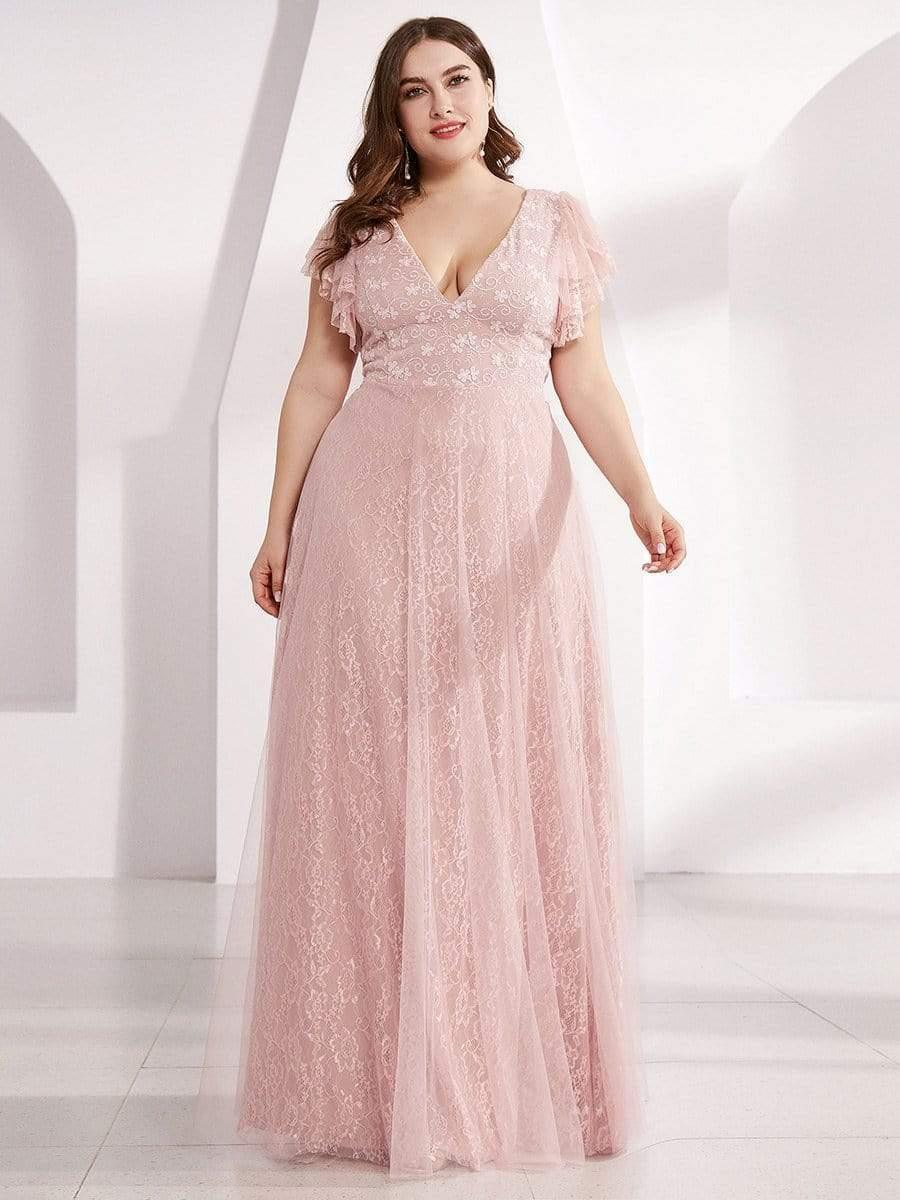 Sophisticated Plus Size A-Line V-Neck Lace Formal Dresses with Cap Sleeves